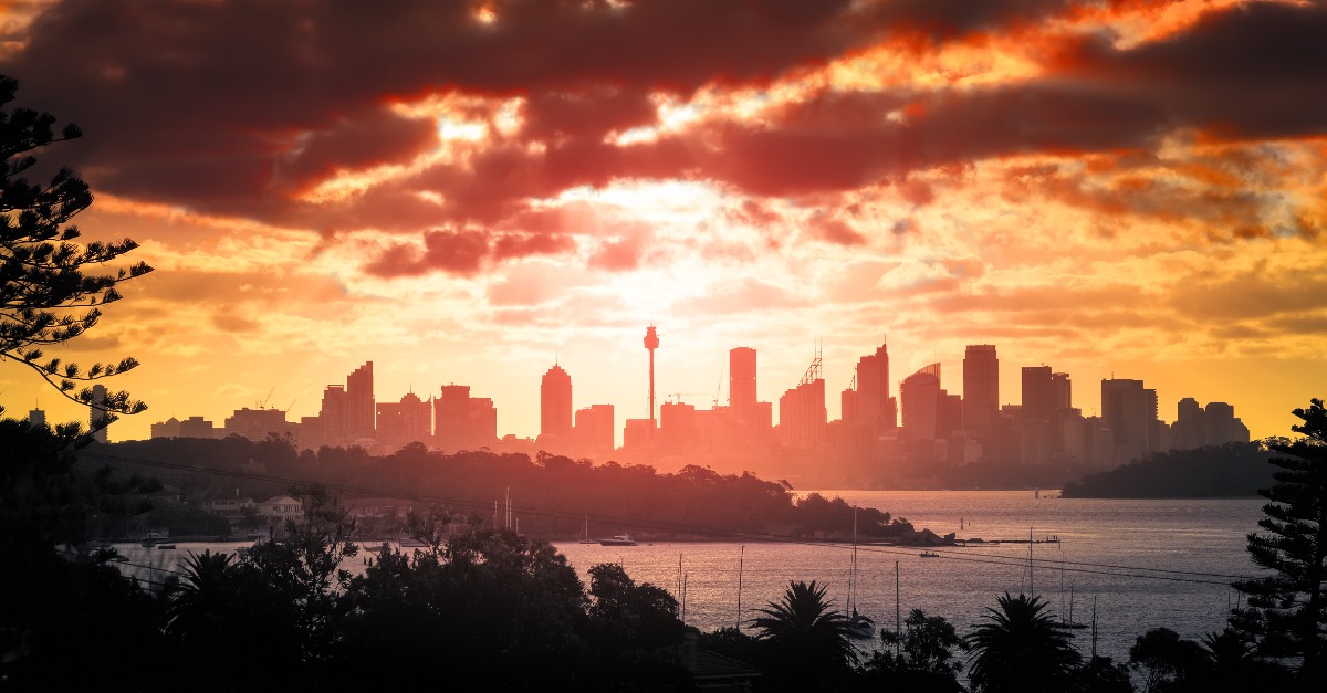 Sydney Australië Skyline met zonsondergang